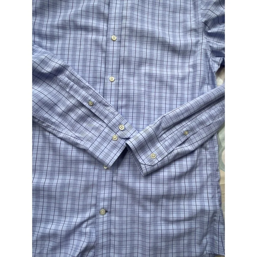 Banana Republic Mens Large Blue Plaid Button Up Shirt Slim Fit Non-Iron Tailored